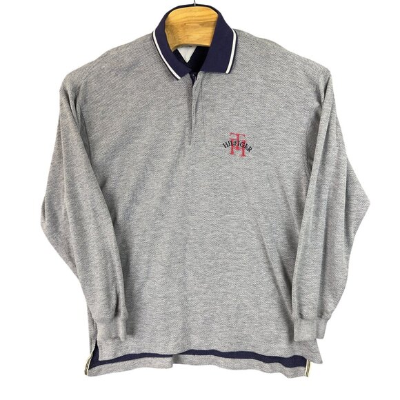 Vtg Tommy Hilfiger Polo Shirt Men L Gray Cotton Thermal Mesh 1/2 Zip Embroidered - Picture 1 of 10